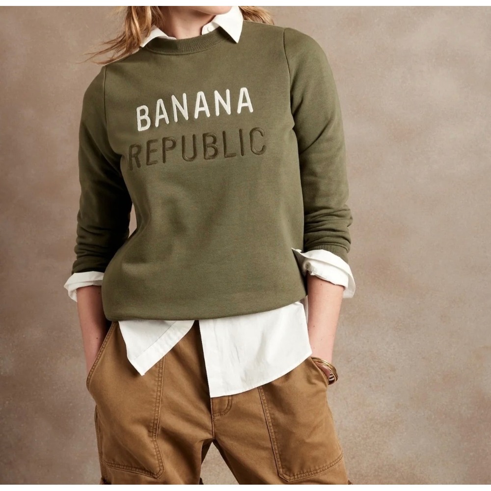 Banana Republic Womens Olive Green Logo Fleece Sweatshirt Crewneck L 812625-01